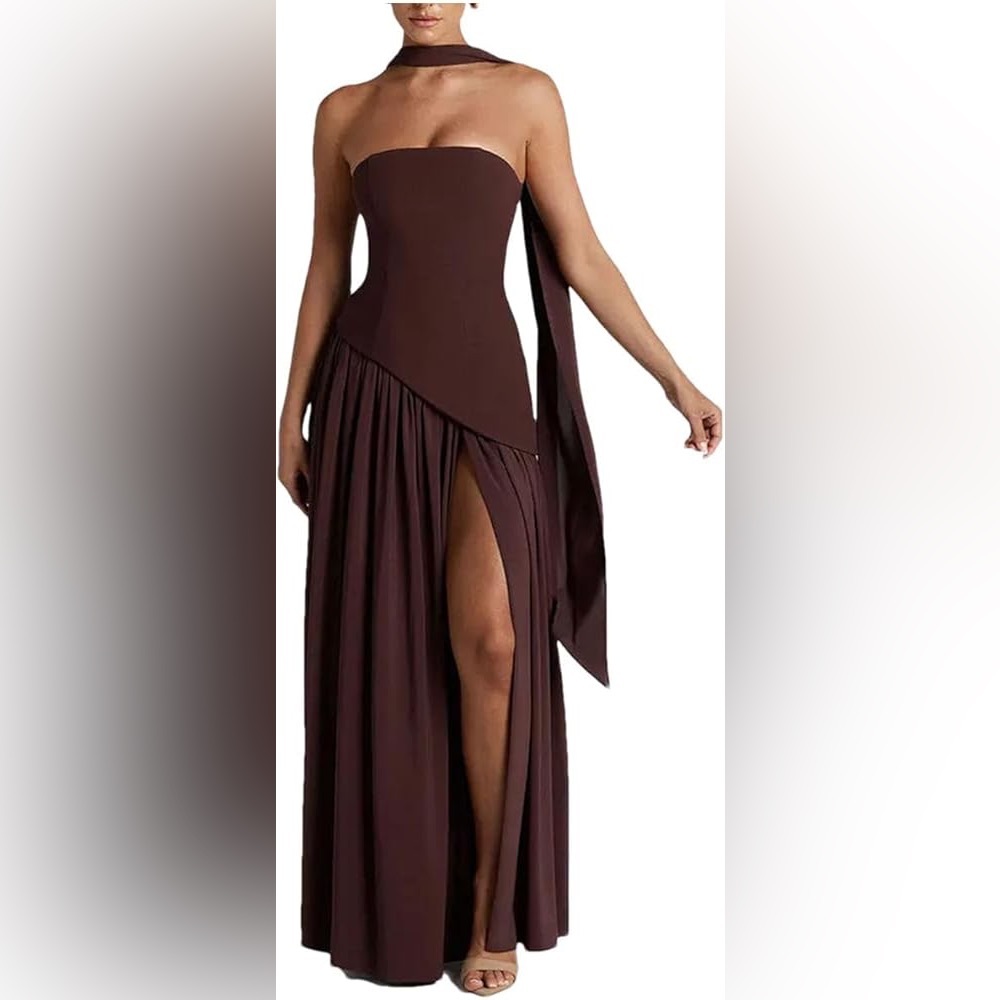 NWT, Elegant Chocolate Brown Strapless Dress With Scarf / Shoulder Cover